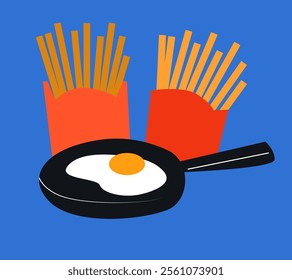 French fries in red packs and fried egg