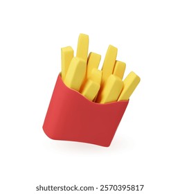 French fries in red paper bag isolated on a white background. 3d realistic french potato fast food pack box.