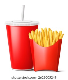 French fries in red paper bag and a drink in a red disposable cup , isolated on white background. takeaway food and drinks, mockup. Realistic 3d vector illustration.