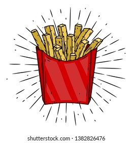 French fries in red paper box and divergent rays. Used for poster, banner, web, t-shirt print, bag print, badges, flyer, logo design and more. Vector illustration