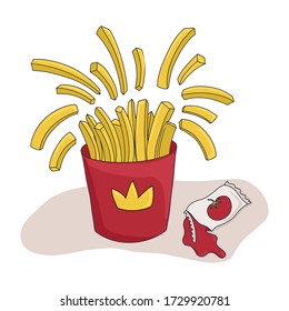 French fries in red paper box vector cartoon illustration. Tasty fast food fried potato with tomato sauce.Bright food illustration for cafe, restaurant, menu design.