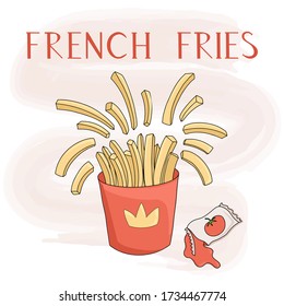 French fries in red paper box vector cartoon card concept with hand drawn lettering. Tasty fast food fried potato with tomato sauce.Bright food poster design for cafe, restaurant, menu.
