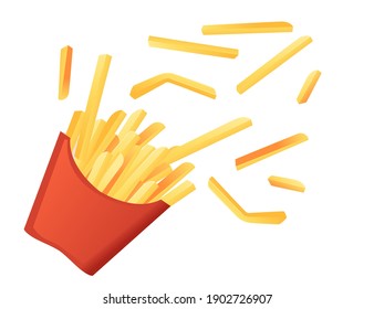 French fries in red paper box street fast food flat vector illustration on white background