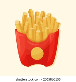 French fries in red paper box vector cartoon illustration. Tasty fast food fried potatoes. Bright food illustration for cafe, restaurant, menu design.