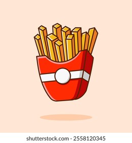 French fries in red paper box, isolated.  Fast food french fries in red packaging designed in cartoon flat style. Vector illustration. Solanum tuberosum L.