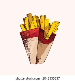French Fries in red Paper Packaging Bags isolated on white background. Crispy potato. Vector illustration of fast food in cartoon simple flat style.