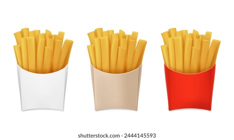 French fries in red, white, brown packaging, cartoon fry potato, fast food.