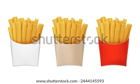 French fries in red, white, brown packaging, cartoon fry potato, fast food.