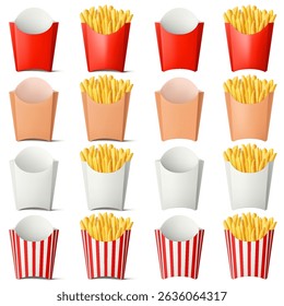 French fries in red and white paper french fry boxes isolated on a white background. Delicious French potato fast food pack boxes. Empty And Full. Realistic 3d vector illustration.