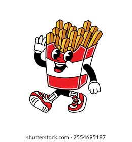 French Fries retro mascot with hand and foot. French Fries and Fast Food Retro vintage mascot cartoon stickers with funny comic characters and gloved hands.