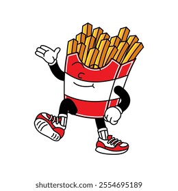 French Fries retro mascot with hand and foot. French Fries and Fast Food Retro vintage mascot cartoon stickers with funny comic characters and gloved hands.