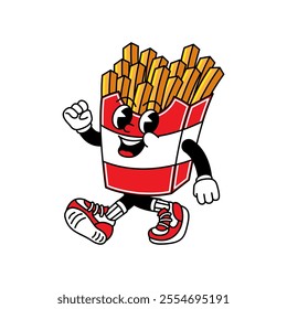 French Fries retro mascot with hand and foot. French Fries and Fast Food Retro vintage mascot cartoon stickers with funny comic characters and gloved hands.