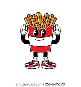 French Fries retro mascot with hand and foot. French Fries and Fast Food Retro vintage mascot cartoon stickers with funny comic characters and gloved hands.