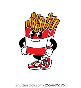 French Fries retro mascot with hand and foot. French Fries and Fast Food Retro vintage mascot cartoon stickers with funny comic characters and gloved hands.