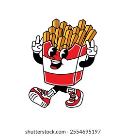 French Fries retro mascot with hand and foot. French Fries and Fast Food Retro vintage mascot cartoon stickers with funny comic characters and gloved hands.