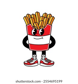 French Fries retro mascot with hand and foot. French Fries and Fast Food Retro vintage mascot cartoon stickers with funny comic characters and gloved hands.