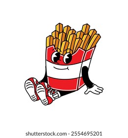 French Fries retro mascot with hand and foot. French Fries and Fast Food Retro vintage mascot cartoon stickers with funny comic characters and gloved hands.