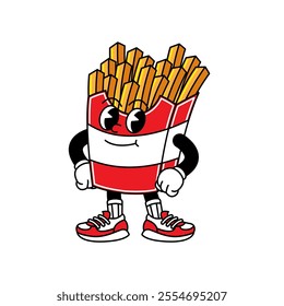 French Fries retro mascot with hand and foot. French Fries and Fast Food Retro vintage mascot cartoon stickers with funny comic characters and gloved hands.