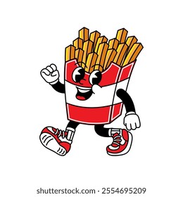 French Fries retro mascot with hand and foot. French Fries and Fast Food Retro vintage mascot cartoon stickers with funny comic characters and gloved hands.