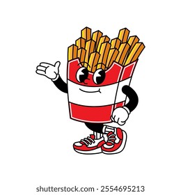 French Fries retro mascot with hand and foot. French Fries and Fast Food Retro vintage mascot cartoon stickers with funny comic characters and gloved hands.