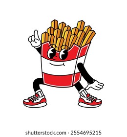 French Fries retro mascot with hand and foot. French Fries and Fast Food Retro vintage mascot cartoon stickers with funny comic characters and gloved hands.