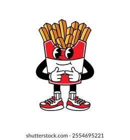 French Fries retro mascot with hand and foot. French Fries and Fast Food Retro vintage mascot cartoon stickers with funny comic characters and gloved hands.