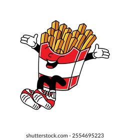 French Fries retro mascot with hand and foot. French Fries and Fast Food Retro vintage mascot cartoon stickers with funny comic characters and gloved hands.