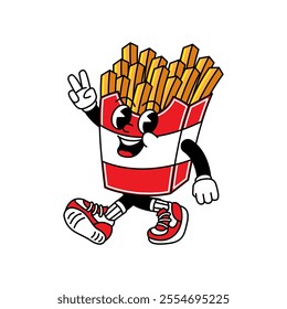 French Fries retro mascot with hand and foot. French Fries and Fast Food Retro vintage mascot cartoon stickers with funny comic characters and gloved hands.