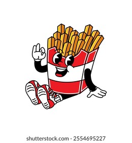 French Fries retro mascot with hand and foot. French Fries and Fast Food Retro vintage mascot cartoon stickers with funny comic characters and gloved hands.