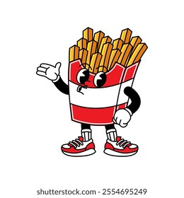 French Fries retro mascot with hand and foot. French Fries and Fast Food Retro vintage mascot cartoon stickers with funny comic characters and gloved hands.