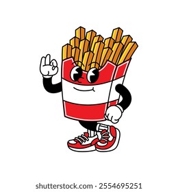 French Fries retro mascot with hand and foot. French Fries and Fast Food Retro vintage mascot cartoon stickers with funny comic characters and gloved hands.