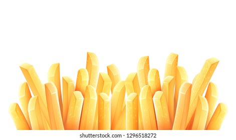 French fries. Roasted potato chips in deep fat fry oil potatoes. Yellow sticks. Fastfood. Unhealthy tasty food. Horizontal banner, isolated on white background. Eps10 vector illustration.