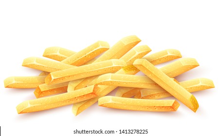 French Fries. Roasted Potato Chips In Deep Fat Fry Oil Potatoes. Yellow Sticks. Fastfood. Unhealthy Tasty Food. Horizontal Banner, Isolated On White Background. Eps10 Vector Illustration.