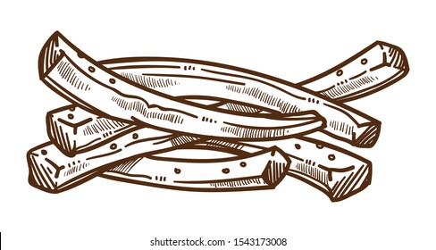 French fries, roasted potato chips in deep fry oil isolated sketch vector. Fastfood snack, cooked potatoes, cafe or bistro appetizer. Street meal, unhealthy junk food, bar or restaurant menu