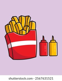 French Fries With Sauce And Mustard Cartoon Icon Illustration, Food Icon Concept Isolated.