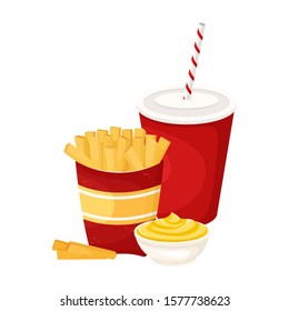 French fries with sauce and soda in a cardboard Cup. Vector illustration of fast food. Junk food.