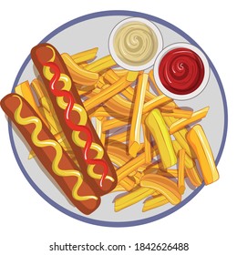 
french fries and sausages on a plate with mayonnaise ketchup and mustard together on a white background vector