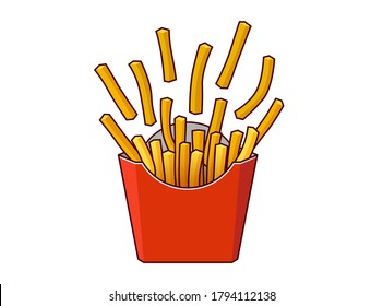 French fries scattered crispy potato tasty fast street food in red paper carton package box. Vector flat eps illustration with outline isolated on white background