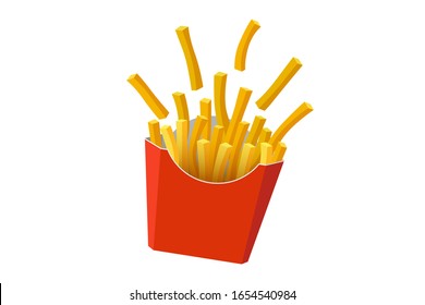 French fries scattered potato tasty fast street food in red paper carton package box. Vector flat eps illustration isolated on white background