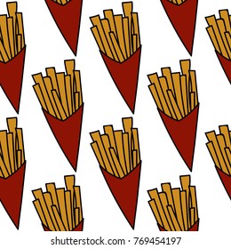 French fries seamless pattern in cartoon style. For print, textile, creative design. Vector illustration. 