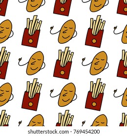 French fries seamless pattern in cartoon style. For print, textile, creative design. Vector illustration. 