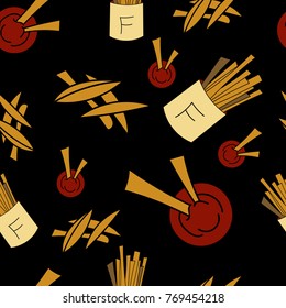 French fries seamless pattern in cartoon style. For print, textile, creative design. Vector illustration. 