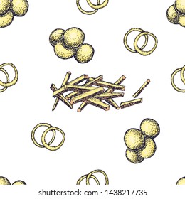 French fries . Seamless pattern . Fast food set. Hand drawn colorful elements . Junk food. Engraved top view illustration. Vector illustration. Background template for design.

