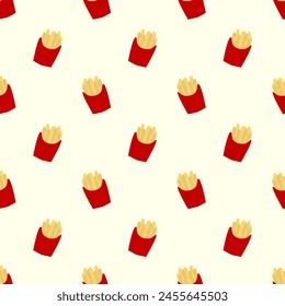 Pommes frites nahtloses Muster. Fast Food Hintergrund. Einfaches Doodle, handgezeichneter Bildschirmhintergrund. Flache Vektorillustration.