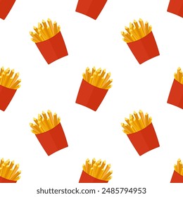 French fries seamless pattern with red paper boxes of fried potato. Vector Illustration.