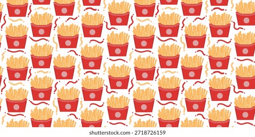 Patatas fritas sin patrón con Ilustración vectorial de cajas rojas. Fondo de Vector de comida rápida con papas fritas crujientes