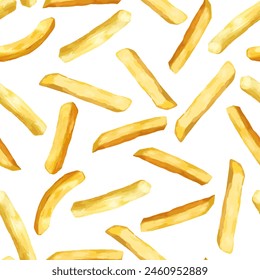 Pommes frites. Nahtloses Muster mit gerösteten Kartoffelchips in tiefem Fett. Ölkartoffeln braten. Gelbe Stäbe isoliert auf weißem Hintergrund. Fast Food. Ungesundes, leckeres Essen. Vektorillustration