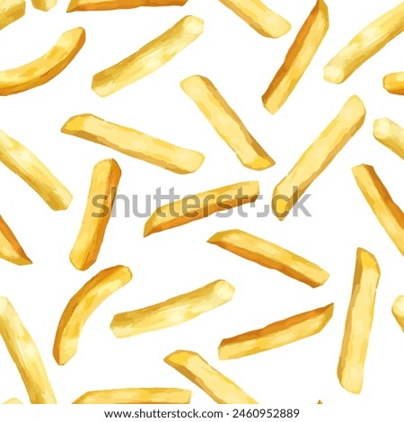 French fries. Seamless pattern with roasted potato chips in deep fat . Fry oil potatoes. Yellow sticks isolated on white background. Fast food. Unhealthy tasty food. Vector illustration