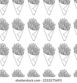 French fries seamless pattern, top view. Vector line potatoes icon. Hand drawn fast food in black and white color