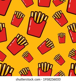 French fries semaless pattern on yellow background. Vibrant colorful fried potato vector pattern in flat style. Fries seamless pattern for wrapping, texture and print. Background for cafe and fastfood